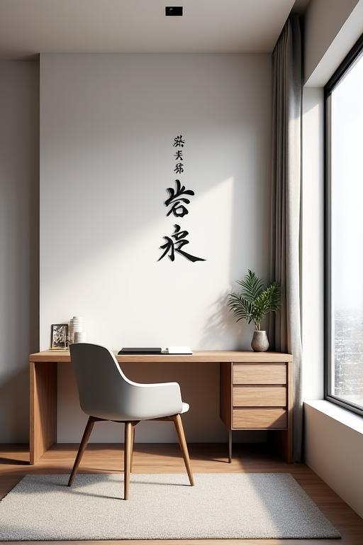 A modern home office with a subtle, poetic calligraphy piece on a feature wall behind a desk.